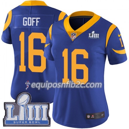 Camiseta Mujer NFL Los Angeles Rams Jared Goff 16 Nike Royal 2019 Super Bowl LIII 